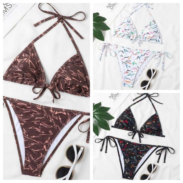 

Designer fashion summer swimwear Bikini Women' Sexy Triangle Split Letter Set Fashion Swimsuit Simple Strap Casual Thin Slim Beachwear with Waist Chain, Coffee flower