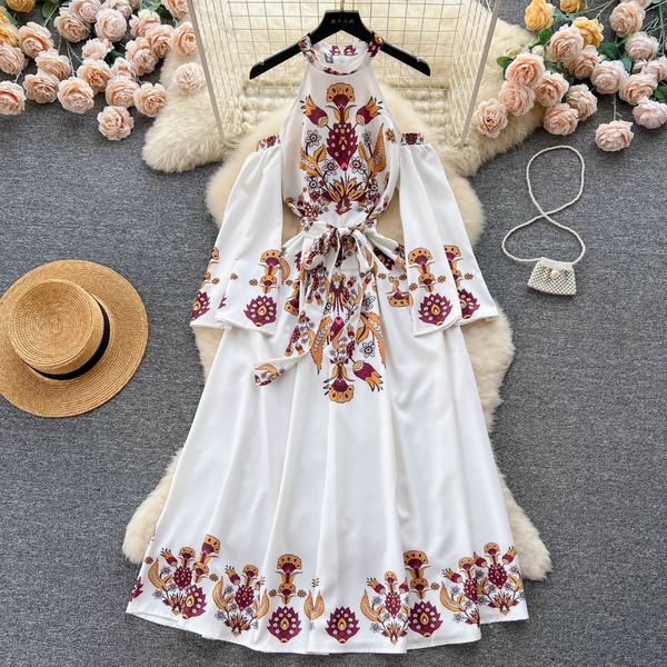 french style high end off shoulder hanging neck printed long dress with waist tie up flare long sleeve holiday style dress, Black;gray
french style high end off shoulder hanging neck printed long dress with waist tie up flare long sleeve holiday style dress, Black;gray