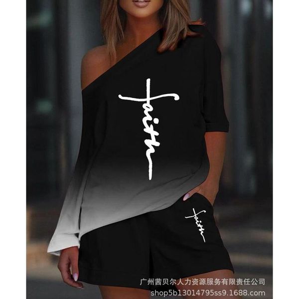 dress women loose printing suit women 2piece suit summer long sleeve offshoulder slash neck tshirt mid waist straight shorts suit, White
dress women loose printing suit women 2piece suit summer long sleeve offshoulder slash neck tshirt mid waist straight shorts suit, White