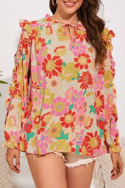 wholesale fall women boho clothing floral print long puff sleeve frilled blouse for women, White
wholesale fall women boho clothing floral print long puff sleeve frilled blouse for women, White