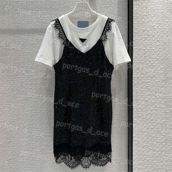 fake two piece women dress short sleeve lace dress white black contrast color dresses
fake two piece women dress short sleeve lace dress white black contrast color dresses