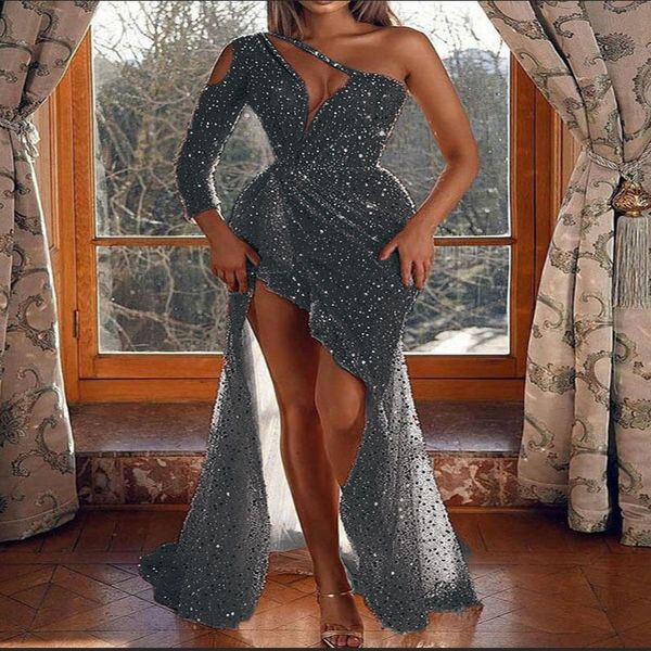 latest design solid color one shoulder shining sequin party dresses high slit full length maxi women sequin evening dresses, Black;gray
latest design solid color one shoulder shining sequin party dresses high slit full length maxi women sequin evening dresses, Black;gray