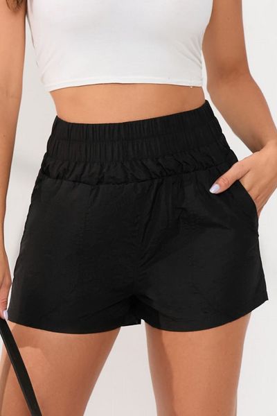 wholesale summer 2023 elastic high waist side pockets sport running shorts for women, White;black
wholesale summer 2023 elastic high waist side pockets sport running shorts for women, White;black