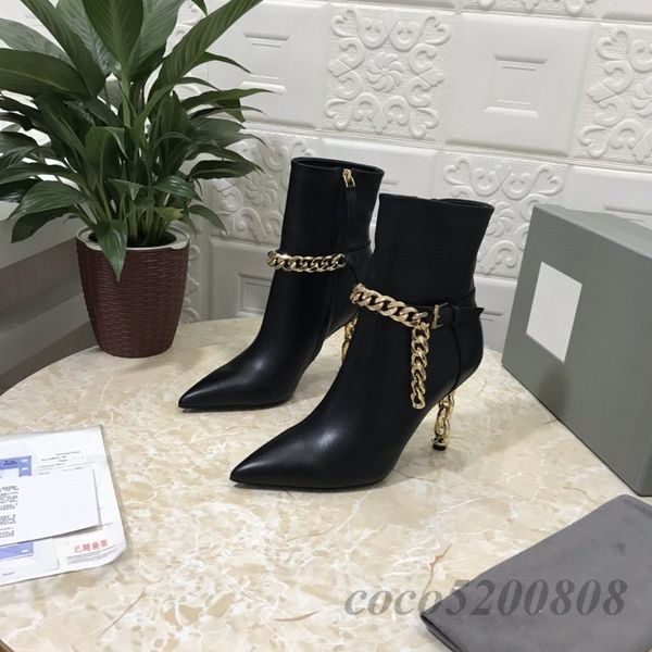 women ankle boots autumn winter genuine leather super high heels short boots metal decoration chain designer shoes botines 2023, Black;white
women ankle boots autumn winter genuine leather super high heels short boots metal decoration chain designer shoes botines 2023, Black;white