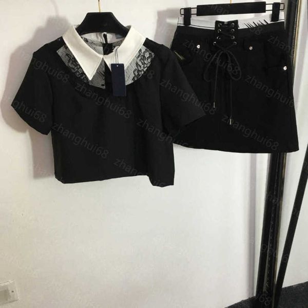 23ss womens designer clothing skirt set flocking logo lace splicing short sleeve shirt strap waist waist short skirt sets womens clothing a1, White
23ss womens designer clothing skirt set flocking logo lace splicing short sleeve shirt strap waist waist short skirt sets womens clothing a1, White