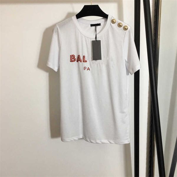 designer blouse fashion t shirt letters beaded metal shoulder button loose breathable versatile small v-neck short-sleeved t-shirt womans cl, White
designer blouse fashion t shirt letters beaded metal shoulder button loose breathable versatile small v-neck short-sleeved t-shirt womans cl, White