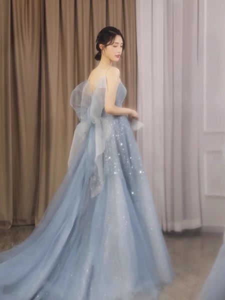 light blue prom dresses shining sequins long evening gowns sweep train back party wearing, Black
light blue prom dresses shining sequins long evening gowns sweep train back party wearing, Black
