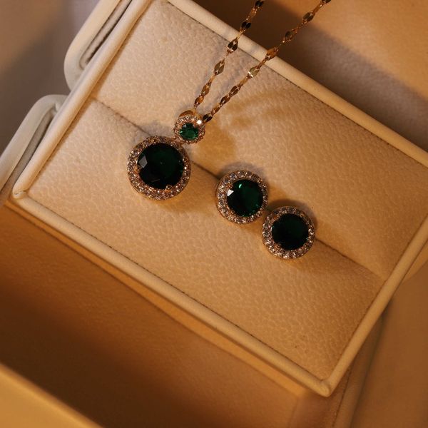 vintage new fashionemerald zircon round geometry pendant necklace earrings jewelry accessories set women's stainless steel chain, Silver
vintage new fashionemerald zircon round geometry pendant necklace earrings jewelry accessories set women's stainless steel chain, Silver