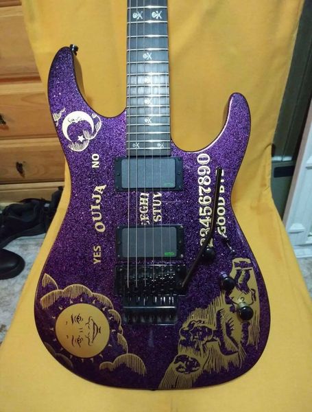 kh-2 ouija metallic purple kirk hammett signature electric guitar reverse headstock, floyd rose tremolo, black hardware star moon inlay chin
kh-2 ouija metallic purple kirk hammett signature electric guitar reverse headstock, floyd rose tremolo, black hardware star moon inlay chin