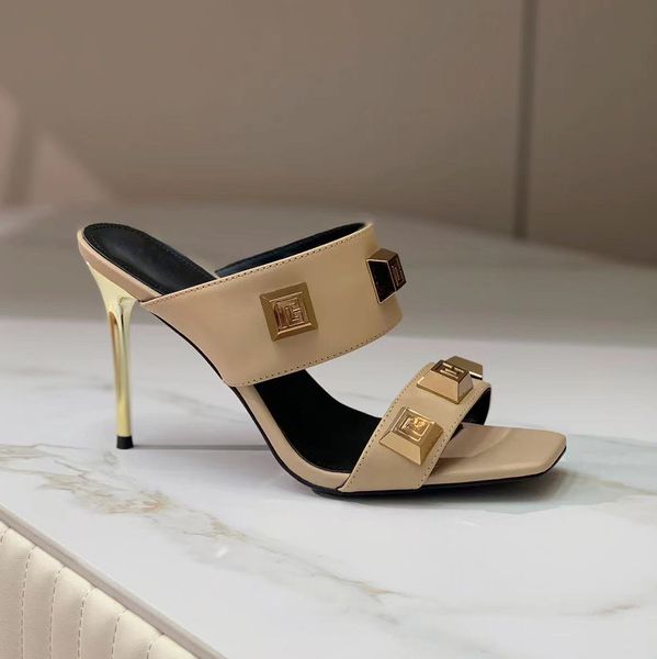women's stiletto slippers slides mules gold plated square buckle decoration leather outsole open toe sandals luxury designer high shoes, Black
women's stiletto slippers slides mules gold plated square buckle decoration leather outsole open toe sandals luxury designer high shoes, Black