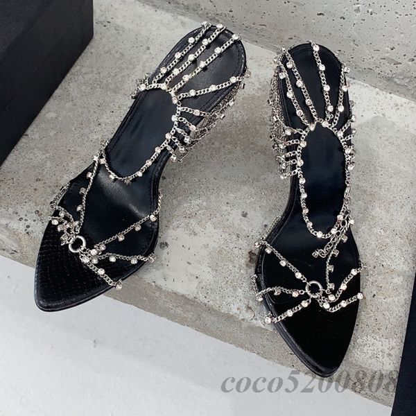 sandals super high heels chain crystal decor pointed toe solid color elegant trendy party dress shoes woman summer slippers 2023, Black;white
sandals super high heels chain crystal decor pointed toe solid color elegant trendy party dress shoes woman summer slippers 2023, Black;white