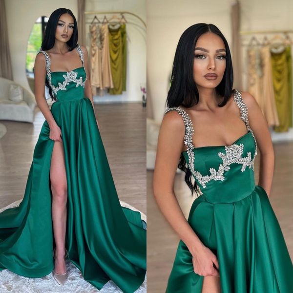 elegant emerald green prom dresses beads straps party evening gowns split formal red carpet long special occasion dress, Black
elegant emerald green prom dresses beads straps party evening gowns split formal red carpet long special occasion dress, Black
