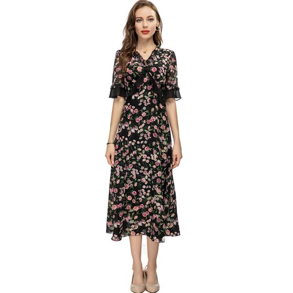 women's runway dresses v neck ruffles patchwork floral printed high street fashion designer vestidos, Black
women's runway dresses v neck ruffles patchwork floral printed high street fashion designer vestidos, Black
