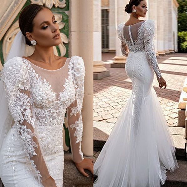 gorgeous long sleeves mermaid wedding dresses lace appliques sheer crew neck back buttons ivory tulle modern elegant bridal gowns 2023, White
gorgeous long sleeves mermaid wedding dresses lace appliques sheer crew neck back buttons ivory tulle modern elegant bridal gowns 2023, White