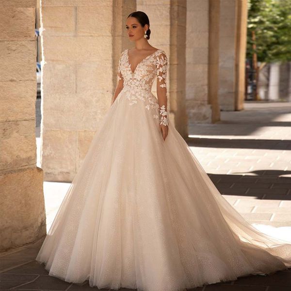 elegant appliques lace long sleeves princess wedding dress backless bridal gown deep v neckline see through women dress for bride, White
elegant appliques lace long sleeves princess wedding dress backless bridal gown deep v neckline see through women dress for bride, White