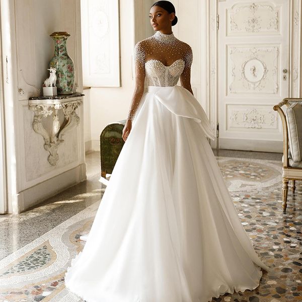 luxury pearls a line wedding dresses sheer long sleeve country bridal gown bow tie decoration bride receiption dress, White
luxury pearls a line wedding dresses sheer long sleeve country bridal gown bow tie decoration bride receiption dress, White