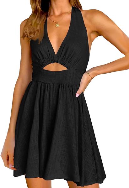 womens summer sleeveless halter v neck backless cut out casual party swing flared mini dress, Black;gray
womens summer sleeveless halter v neck backless cut out casual party swing flared mini dress, Black;gray