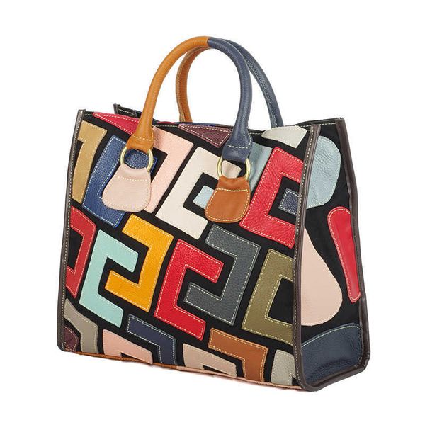 new women's bag with color contrast geometric pattern stitching and leather carrying bag