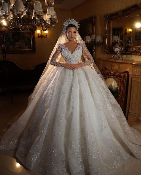 elegant ball gown wedding dresses v neck long sleeves sequins appliques beaded floor length ruffles 3d lace diamonds bridal gowns plus size, White
elegant ball gown wedding dresses v neck long sleeves sequins appliques beaded floor length ruffles 3d lace diamonds bridal gowns plus size, White