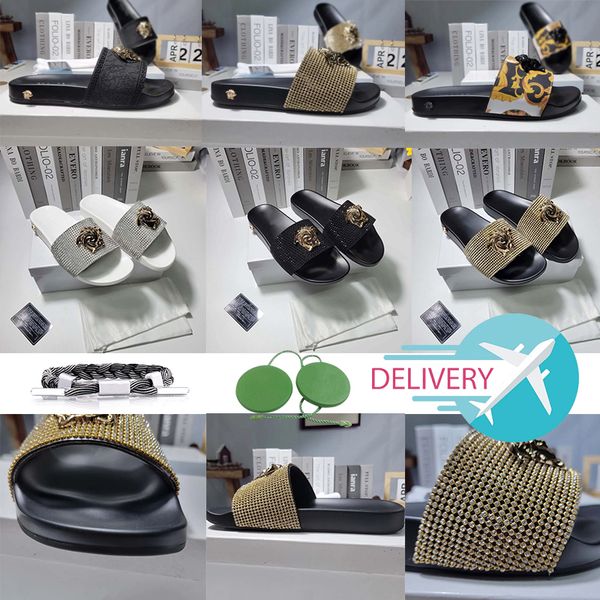 with box luxury designer slide slippers summer sandals men beach indoor flat flip flops leather lady women fashion metal head bone classic s, Black
with box luxury designer slide slippers summer sandals men beach indoor flat flip flops leather lady women fashion metal head bone classic s, Black