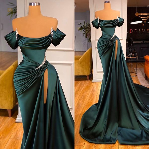 dark green evening gown off shoulder slit party prom dresses pleats sweep train formal long dress for special occasion, Black;red
dark green evening gown off shoulder slit party prom dresses pleats sweep train formal long dress for special occasion, Black;red