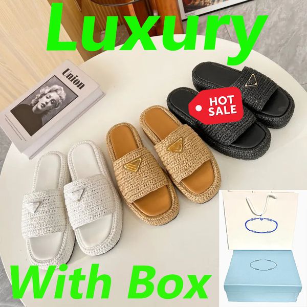 with box designer slippers triangle buckle straw women thick bottom sandals slip on mules oran sandal slides lady platform flip flops h sand, Black
with box designer slippers triangle buckle straw women thick bottom sandals slip on mules oran sandal slides lady platform flip flops h sand, Black