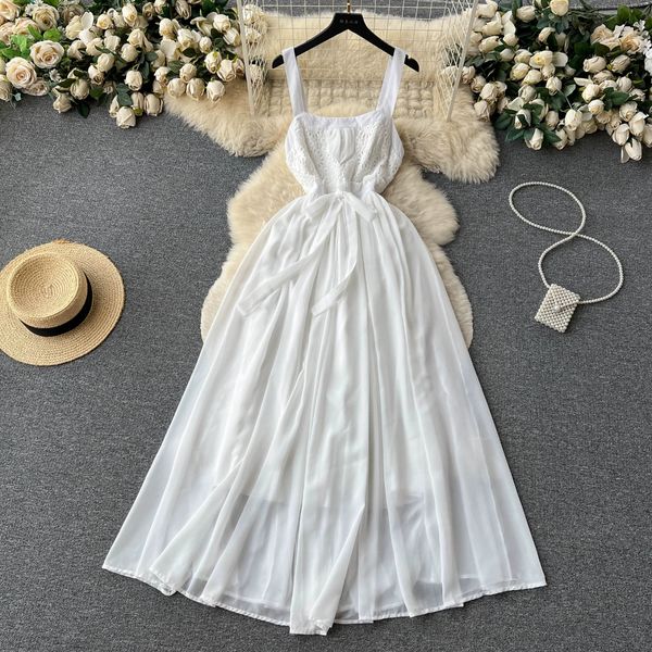 tourism and vacation style white fairy dress with lace up waist style hollowed out embroidery and patchwork chiffon suspender long dress, Black;gray
tourism and vacation style white fairy dress with lace up waist style hollowed out embroidery and patchwork chiffon suspender long dress, Black;gray