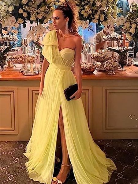 one shoulder prom dresses tulle formal party dresses with high split line for ladies evening party gowns, Black
one shoulder prom dresses tulle formal party dresses with high split line for ladies evening party gowns, Black