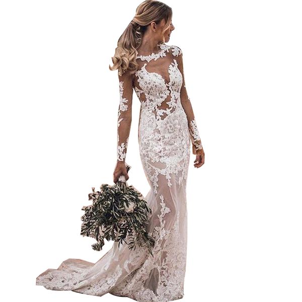 back lace sheath wedding dress with illusion long sleeve beaded bling backless wedding bridal gown, White
back lace sheath wedding dress with illusion long sleeve beaded bling backless wedding bridal gown, White