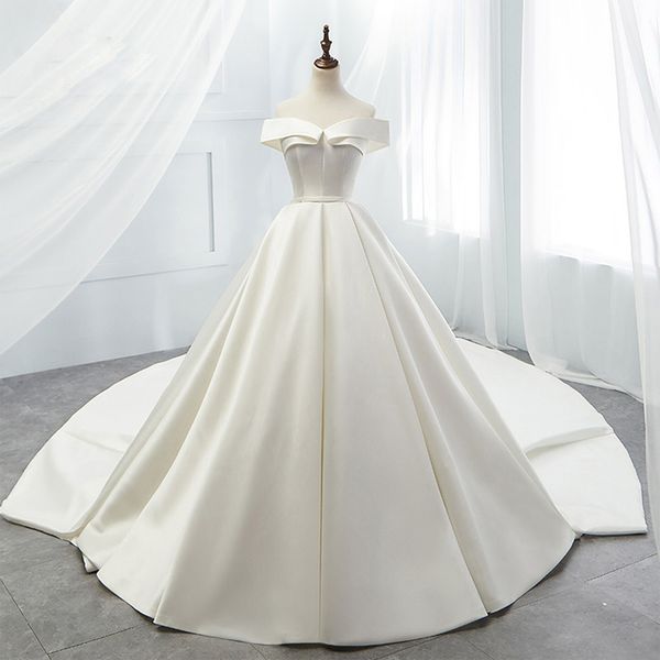 simple satin princess vintage wedding dresses off shoulder long train bridal wedding gown lace up women dress for bride, White
simple satin princess vintage wedding dresses off shoulder long train bridal wedding gown lace up women dress for bride, White
