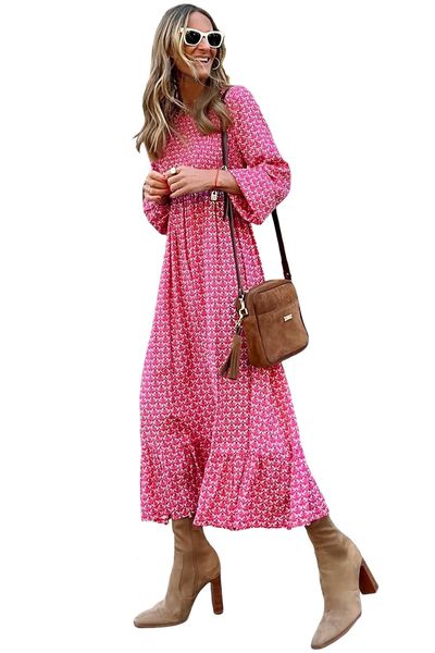 new design women casual dresses long sleeve rose printed ruffled hem long dresses women, White
new design women casual dresses long sleeve rose printed ruffled hem long dresses women, White