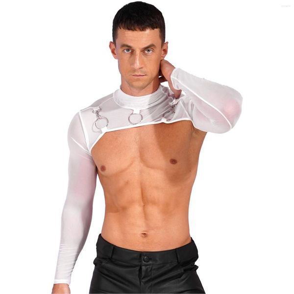 men's t shirts mens see-through mesh half crop mock neck long sleeve o-ring decor t-shirt party stage performance costumes clubwear, White;black
men's t shirts mens see-through mesh half crop mock neck long sleeve o-ring decor t-shirt party stage performance costumes clubwear, White;black