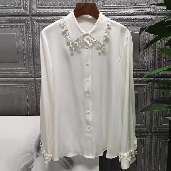 women's blouses chic women pearls beaded tassels satin blouse beading fringed splice faux silk shirts glossy cardigan ol blusas, White
women's blouses chic women pearls beaded tassels satin blouse beading fringed splice faux silk shirts glossy cardigan ol blusas, White