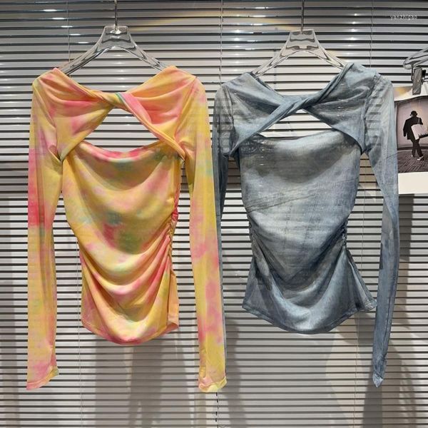 women's t shirts prepomp 2023 summer collection long sleeve ruched collar tie dye transparent slim skinny mesh shirt women 598, White
women's t shirts prepomp 2023 summer collection long sleeve ruched collar tie dye transparent slim skinny mesh shirt women 598, White