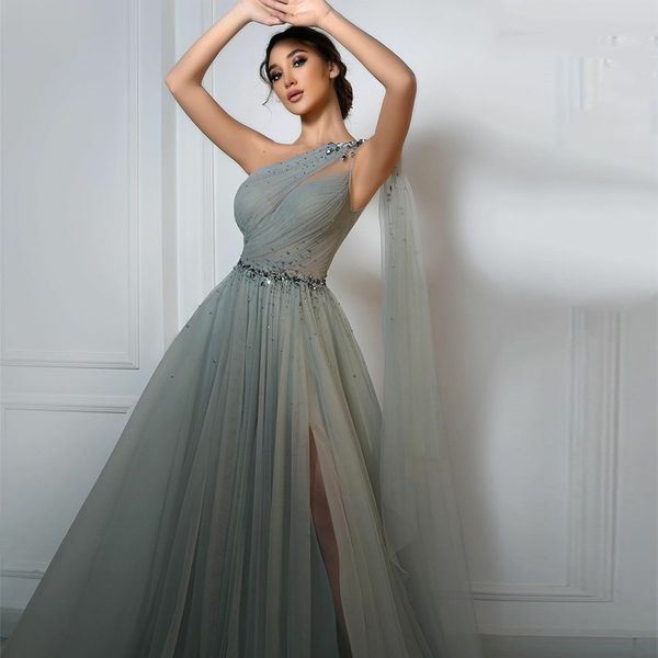 vintage grey one shoulder prom dresses a line with bead ruched formal gown with slit crystal belt tulle evening dress, Black
vintage grey one shoulder prom dresses a line with bead ruched formal gown with slit crystal belt tulle evening dress, Black