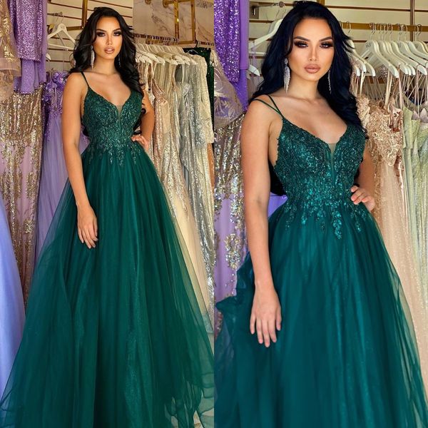 dark green prom dresses spaghetti appliques tulle evening gowns pleats semi formal red carpet long special occasion dress, Black
dark green prom dresses spaghetti appliques tulle evening gowns pleats semi formal red carpet long special occasion dress, Black