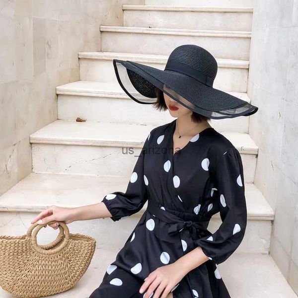 super wide brim 15cm solid black belt straw hats new fashion lady beach sand ultraviolet-proof nylon lace sunshade caps l230620, Blue;gray
super wide brim 15cm solid black belt straw hats new fashion lady beach sand ultraviolet-proof nylon lace sunshade caps l230620, Blue;gray