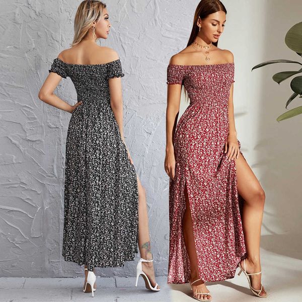 casual dresse 2023 women's fashion split wrap cht off shoulder fragmented flower temperament long women's dresses, Black;gray
casual dresse 2023 women's fashion split wrap cht off shoulder fragmented flower temperament long women's dresses, Black;gray