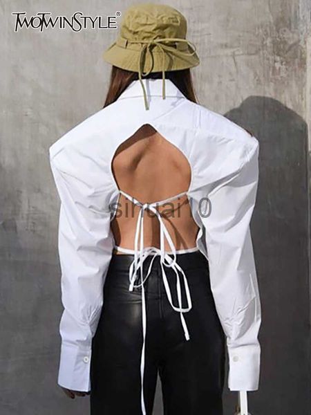 women's blouses shirts twotwinstyle high street shirt for women lapel long sleeve backless lace up gathered waist solid blouses female, White
women's blouses shirts twotwinstyle high street shirt for women lapel long sleeve backless lace up gathered waist solid blouses female, White