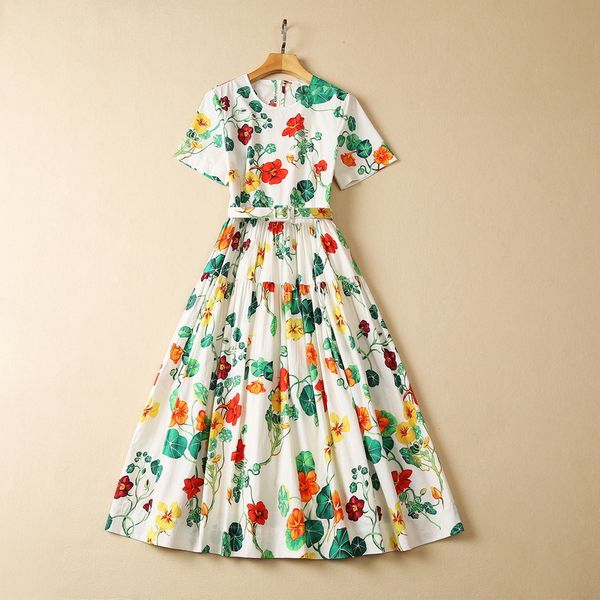 european and american women's clothes 2023 summer new round neck floral print belt short sleeves fashion pleated cotton dress, Black;gray
european and american women's clothes 2023 summer new round neck floral print belt short sleeves fashion pleated cotton dress, Black;gray