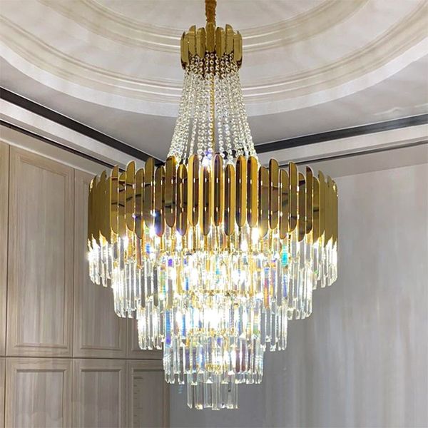 Modern Luxury Stair LED Chandelier Diamond Crystal Hanging Lamps Gold Metal Lighting Base for Staircase Living House Lobby Villa