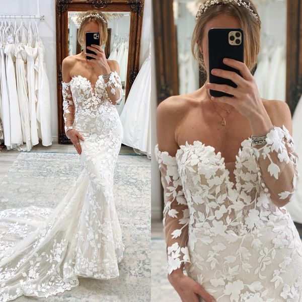 elegant mermaid wedding dresses off shoulder long sleeves lace luxury wedding dress sweep train wedding bridal gowns, White
elegant mermaid wedding dresses off shoulder long sleeves lace luxury wedding dress sweep train wedding bridal gowns, White