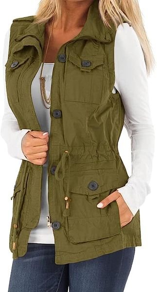 womens casual military utility vest lightweight sleeveless drawstring jackets with pockets, Black;brown
womens casual military utility vest lightweight sleeveless drawstring jackets with pockets, Black;brown