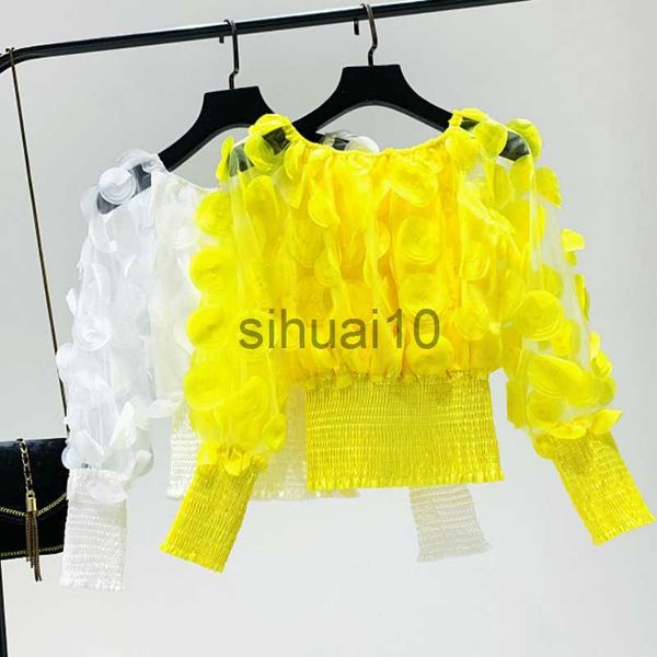 women's blouses shirts women perspective mesh spliced chiffon shirts slash neck gauze blouses 3d flowers crop slim lantern sleeve blus, White
women's blouses shirts women perspective mesh spliced chiffon shirts slash neck gauze blouses 3d flowers crop slim lantern sleeve blus, White