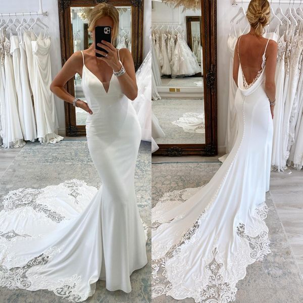 elegant mermaid wedding dresses spaghetti satin wedding dress with lace sweep train appliques backless wedding bridal gowns, White
elegant mermaid wedding dresses spaghetti satin wedding dress with lace sweep train appliques backless wedding bridal gowns, White