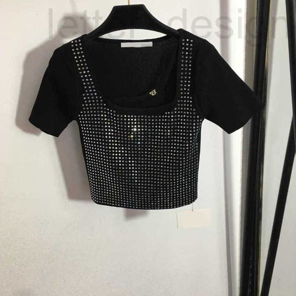 women's t-shirt designer 23ss brand women knitted short sleeve sparkly drill square collar short-sleeved sweater womens, White
women's t-shirt designer 23ss brand women knitted short sleeve sparkly drill square collar short-sleeved sweater womens, White