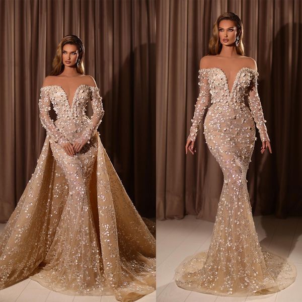 luxury mermaid wedding dresses off shoulder long sleeves detachable train robe de mariee appliqued lace bridal gowns, White
luxury mermaid wedding dresses off shoulder long sleeves detachable train robe de mariee appliqued lace bridal gowns, White