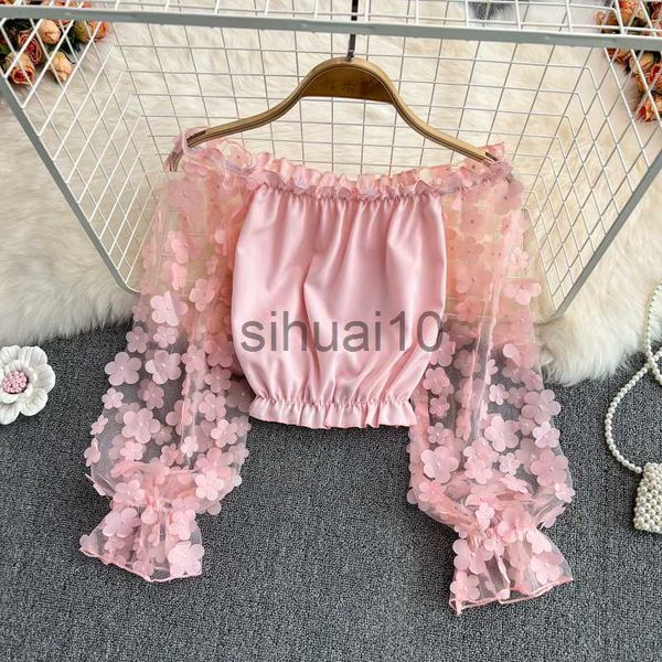women's blouses shirts french chic blouses for women vintage 3d floral puff long sleeve slash neck femme crop shirts solid color woman, White
women's blouses shirts french chic blouses for women vintage 3d floral puff long sleeve slash neck femme crop shirts solid color woman, White
