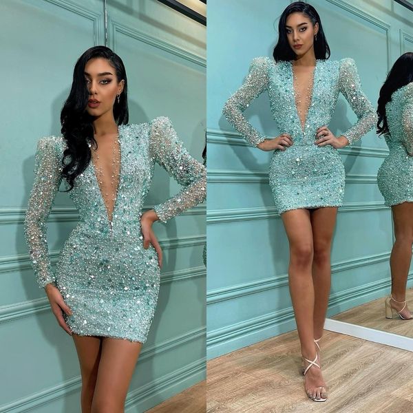 mint green glitter cocktail dress long sleeves plunging v neck short prom dresses sequins mini party homecoming special occasion dress, Black
mint green glitter cocktail dress long sleeves plunging v neck short prom dresses sequins mini party homecoming special occasion dress, Black