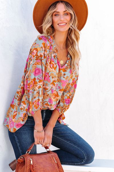 wholesale fall women clothes floral print loose fit ruched v neck blouse women, White
wholesale fall women clothes floral print loose fit ruched v neck blouse women, White